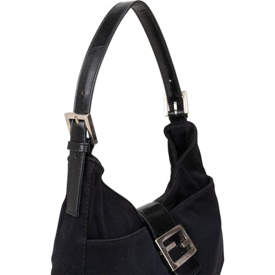 Fendi Black Cotton Baguette Buckle Shoulder Bag