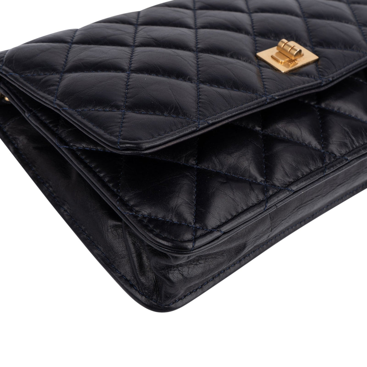Chanel Quilted Crinkled Navy Lambskin 2.55 Reissue Wallet On Chain Crossbody Bag
