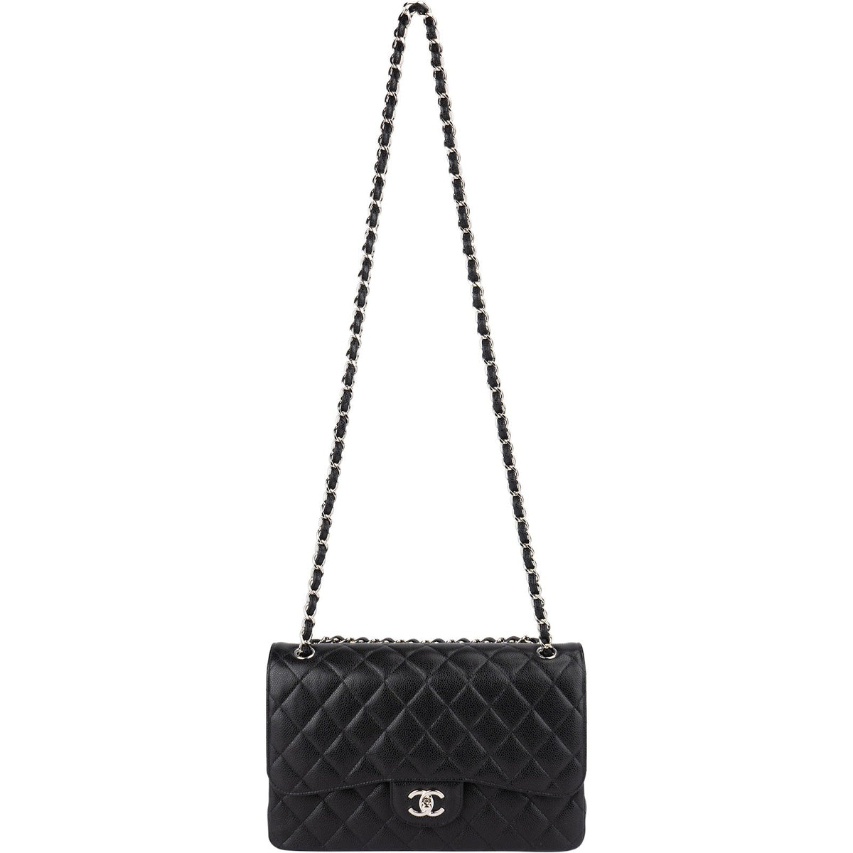 Chanel Quilted Caviar Leather Palladium Double Flap Jumbo Crossbody Bag