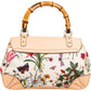 Gucci Rose Leather Flora Print Canvas Bamboo Top Handle Handbag
