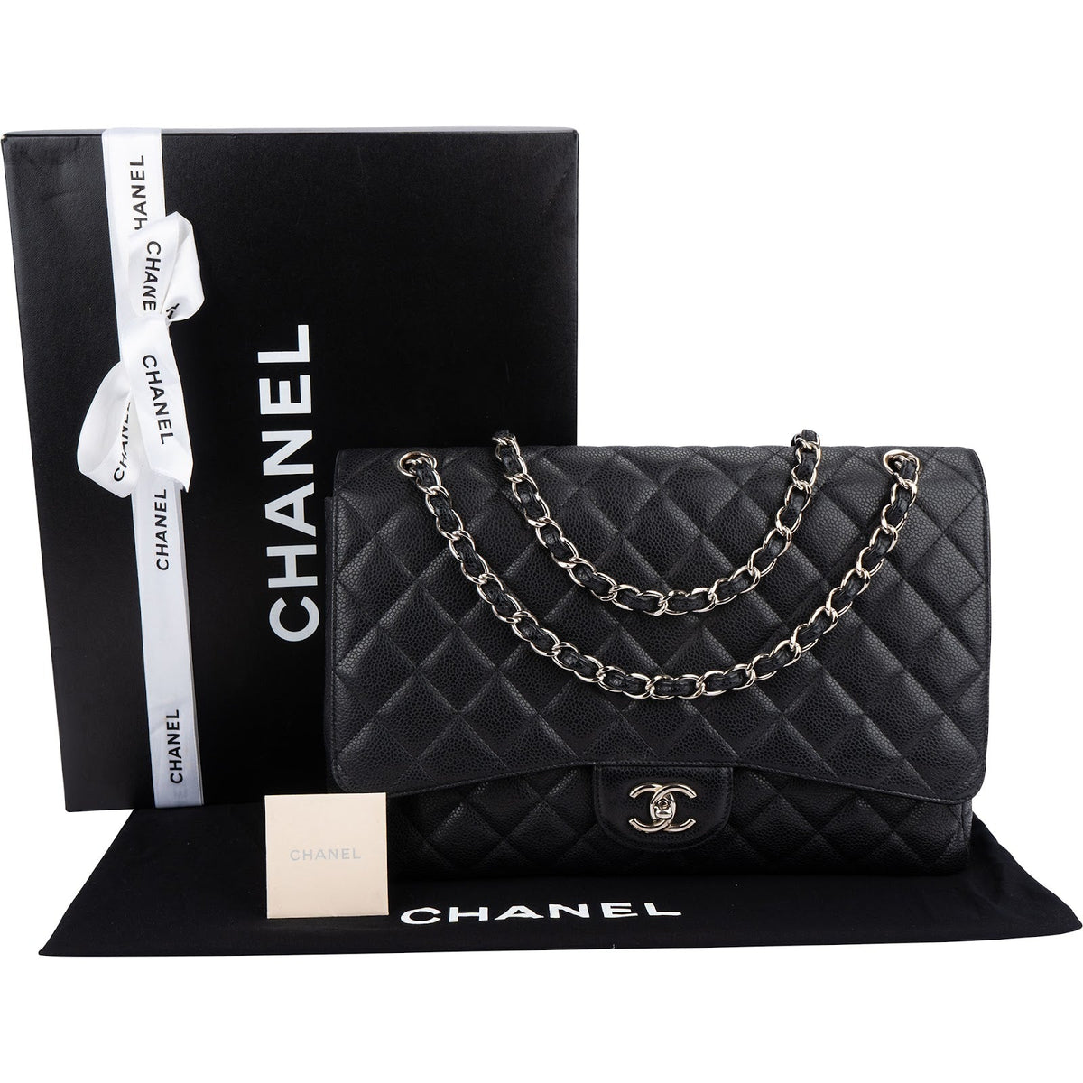 Chanel Quilted Caviar Leather Palladium Maxi Single Flap Crossbody Bag