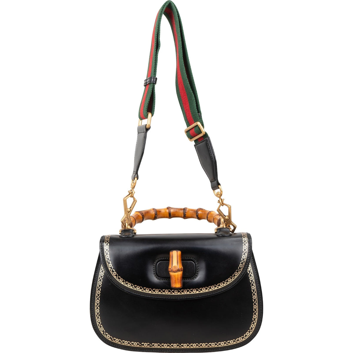 Gucci Black Leather Monogram Bamboo Top Handle 1947 Handbag