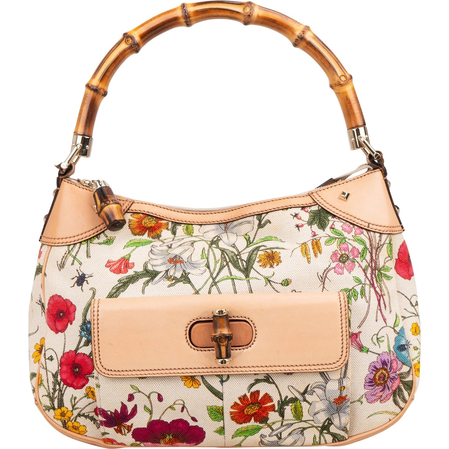 Gucci Leather and Canvas Flora Bamboo Handbag
