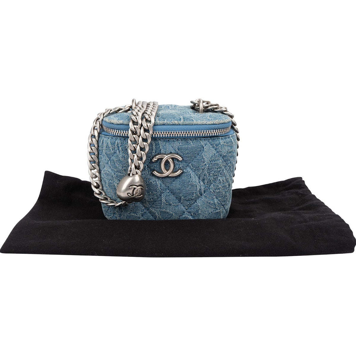 Chanel Quilted Denim Camellia Monogram Adjustable Mini Vanity Case Crossbody Bag