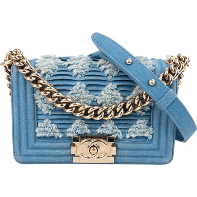Chanel Denim Frayed Chevron Pleated Small Boy Crossbody Bag