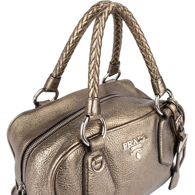 Prada Metallic Pebbled Leather Bauletto Handbag