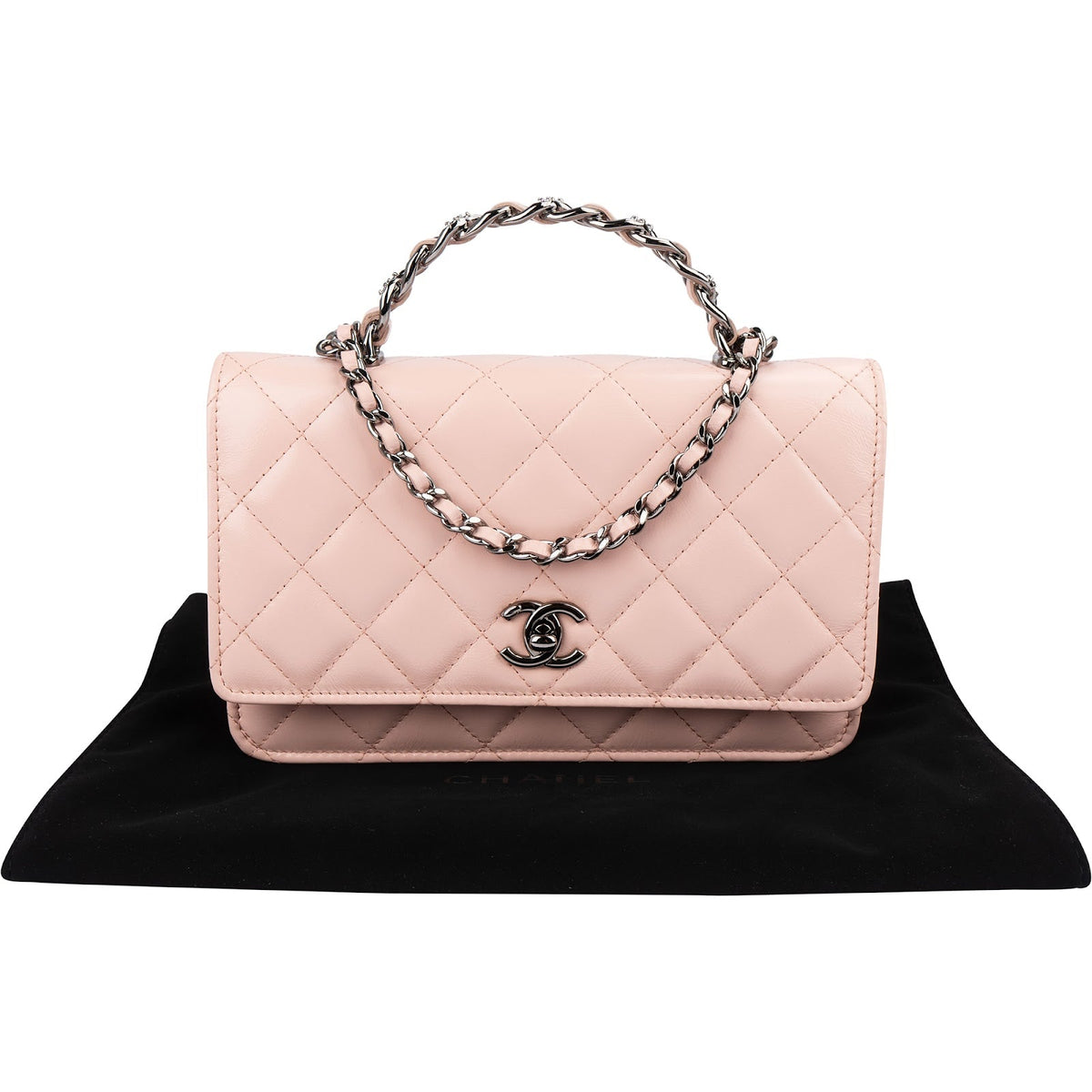 Chanel Pink Quilted Lambskin Crystal Top Handle Wallet On Chain Crossbody Bag