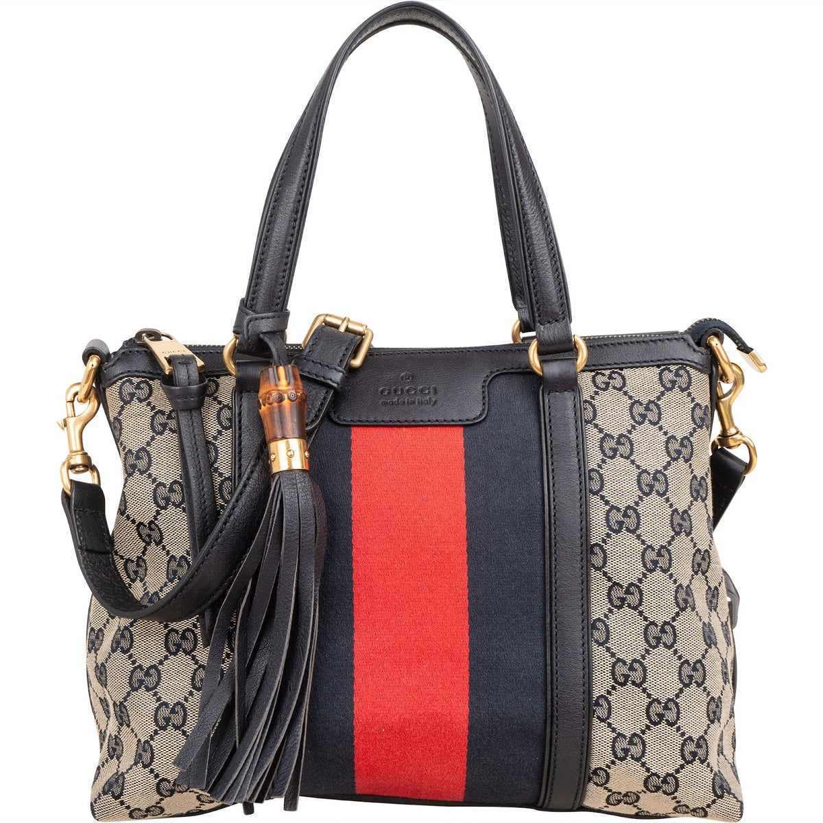 Gucci Monogram Canvas GG Marrakech Web Stripe Bamboo Tassel Crossbody Handbag