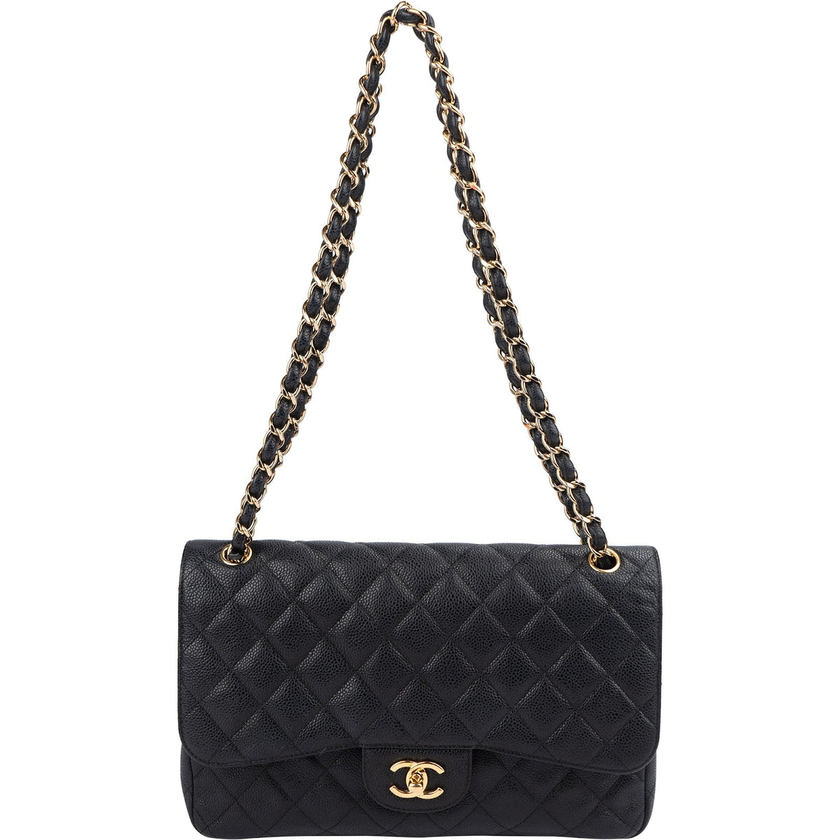 Chanel Quilted Caviar Leather Palladium Jumbo Double Flap Crossbody Bag
