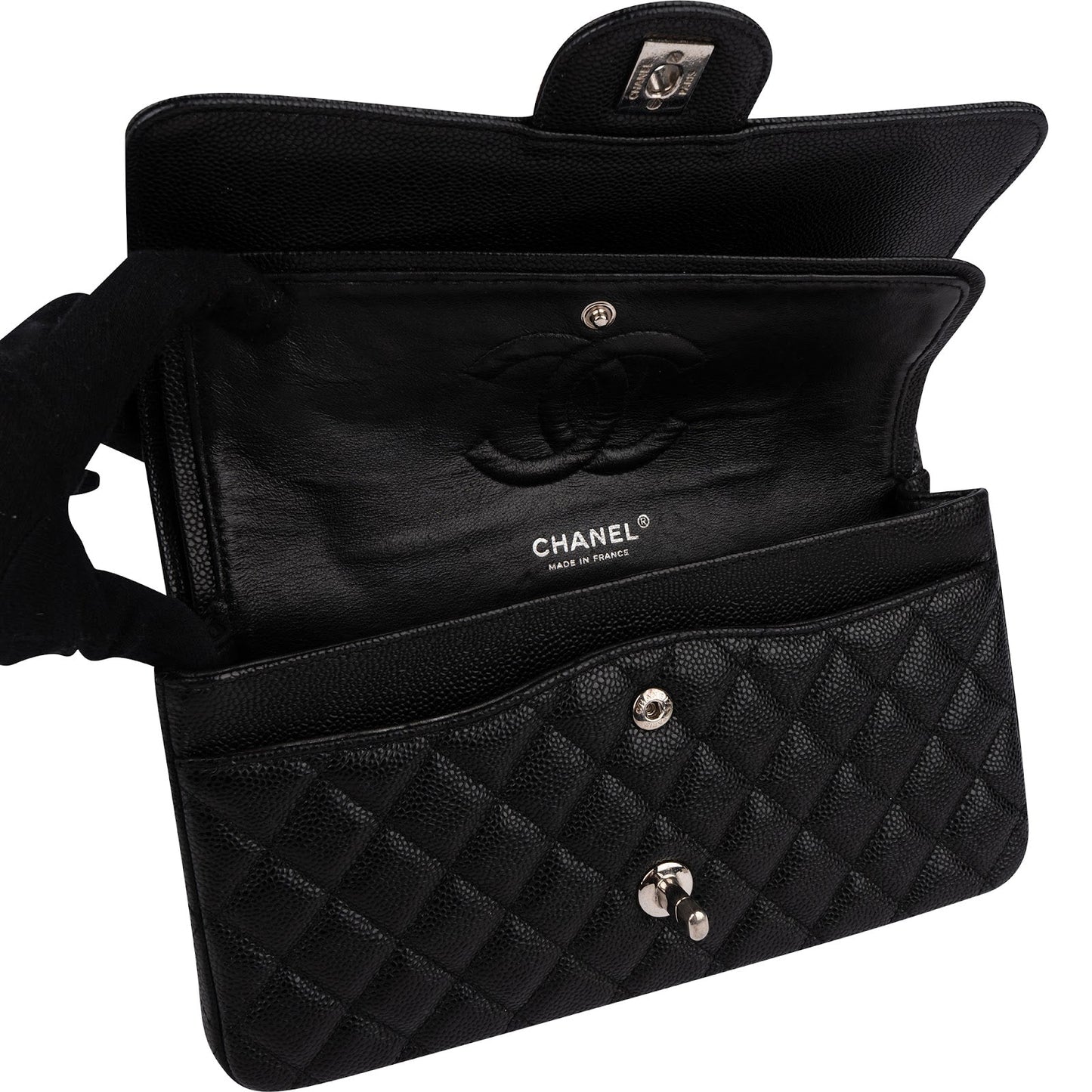 Chanel Quilted Caviar Leather Palladium Medium Double Flap Shoulder Bag