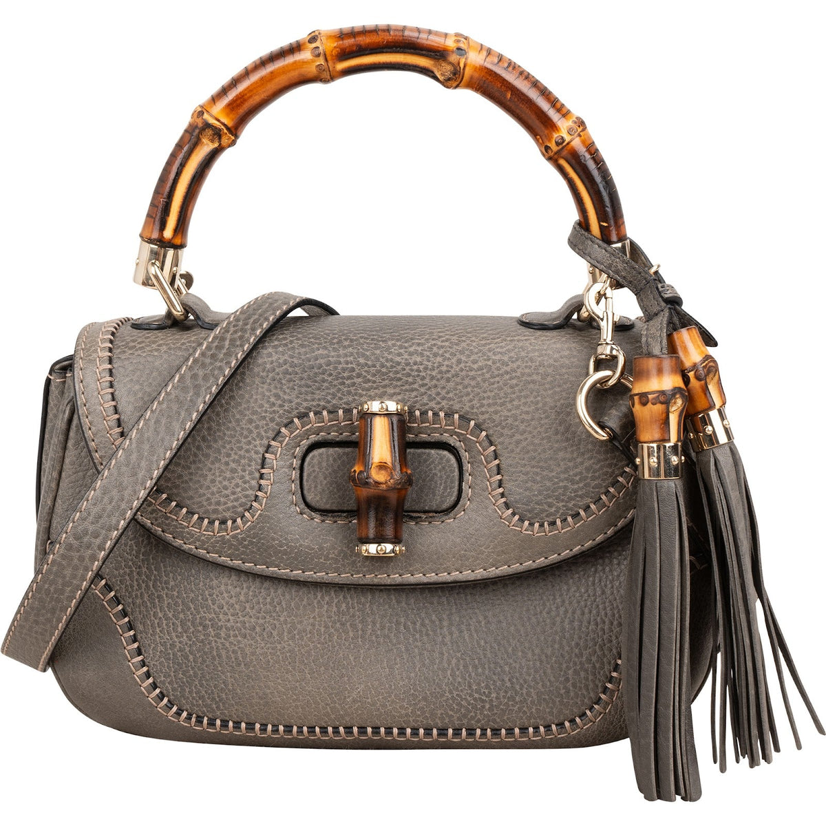 Gucci New Bamboo Top Handle Beijing 2010 aus grauem genarbtem Leder – Vorderansicht