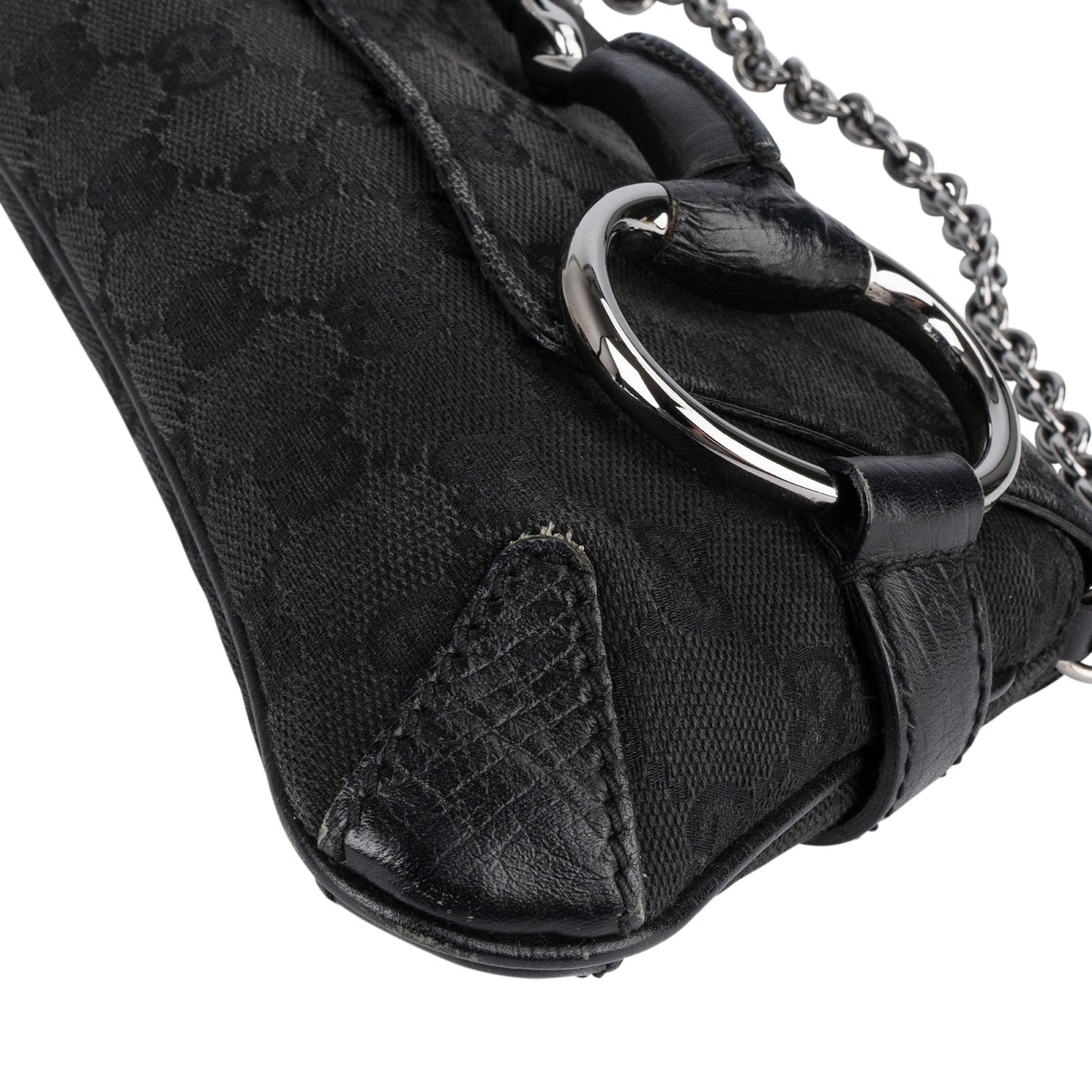 Gucci Monogram GG Black Horsebit Chain Pochette  Handbag