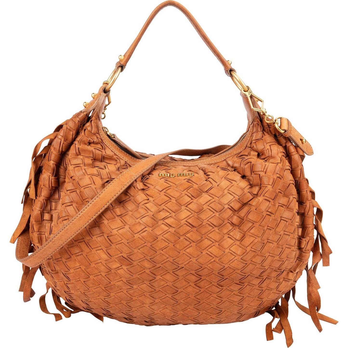 Miu Miu Woven Leather Fringe Hobo Shoulder Bag