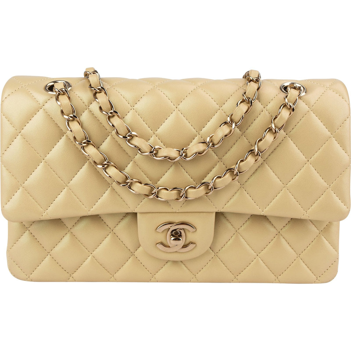 Chanel Gold Shimmering Quilted Lambskin Medium Double Flap Shoulder Bag