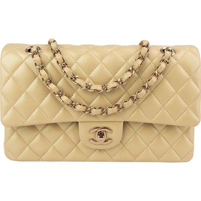 Chanel Gold Shimmering Quilted Lambskin Medium Double Flap Shoulder Bag