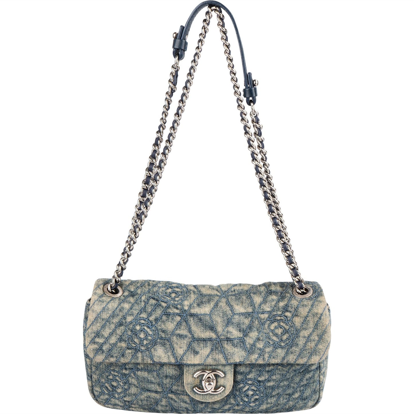Chanel Denim Camellia Single Flap Crossbody Bag