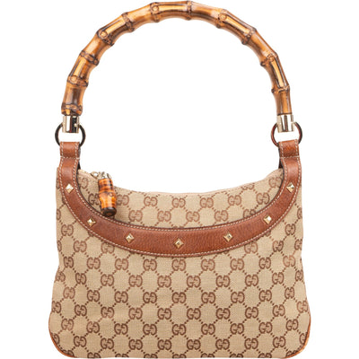 Gucci Monogram GG Bamboo Handle Studded Hobo Handbag