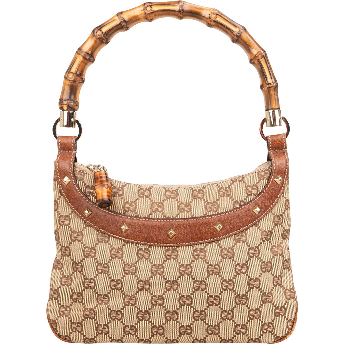 Gucci Monogram GG Bamboo Handle Studded Hobo Handbag