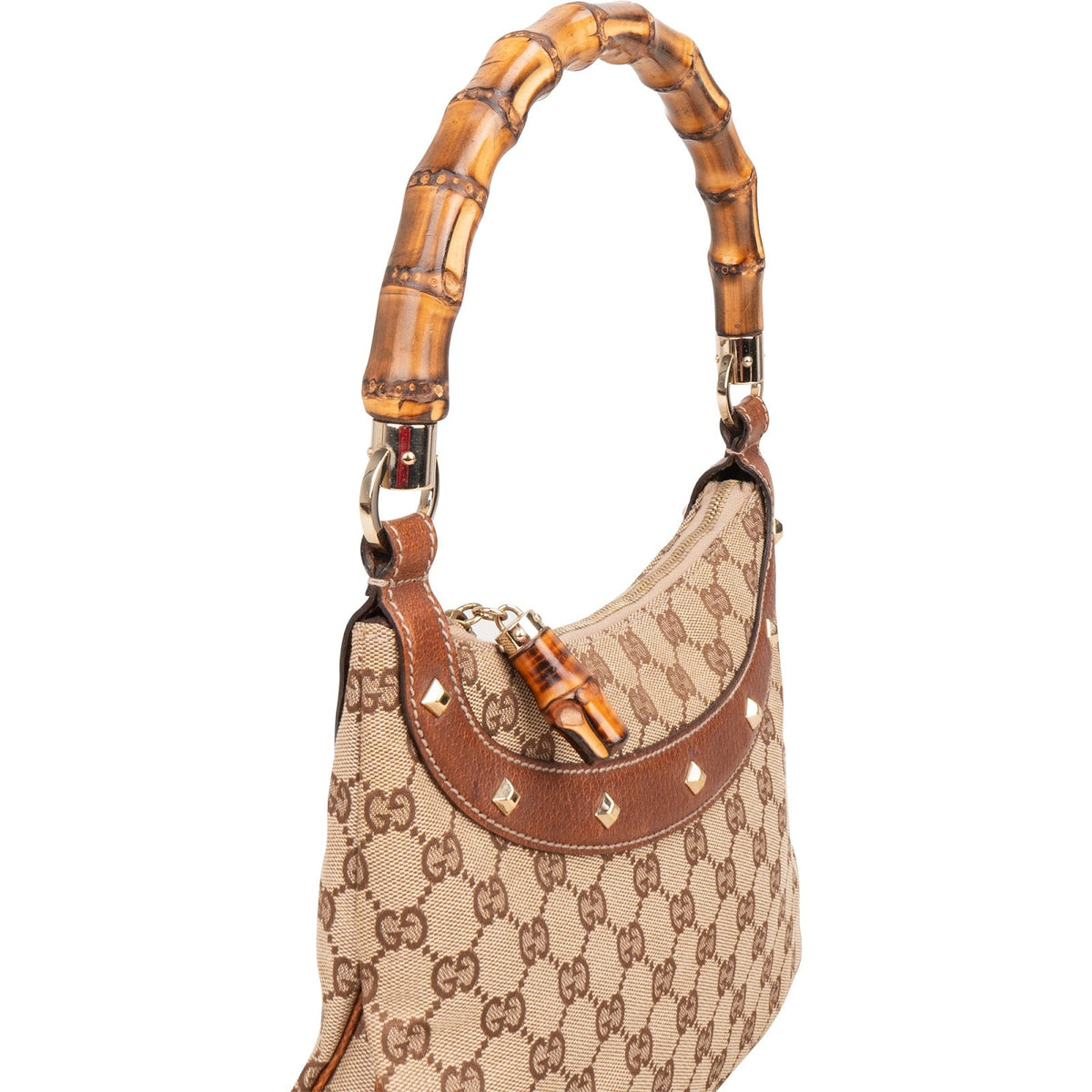 Gucci Monogram GG Bamboo Handle Studded Hobo Handbag
