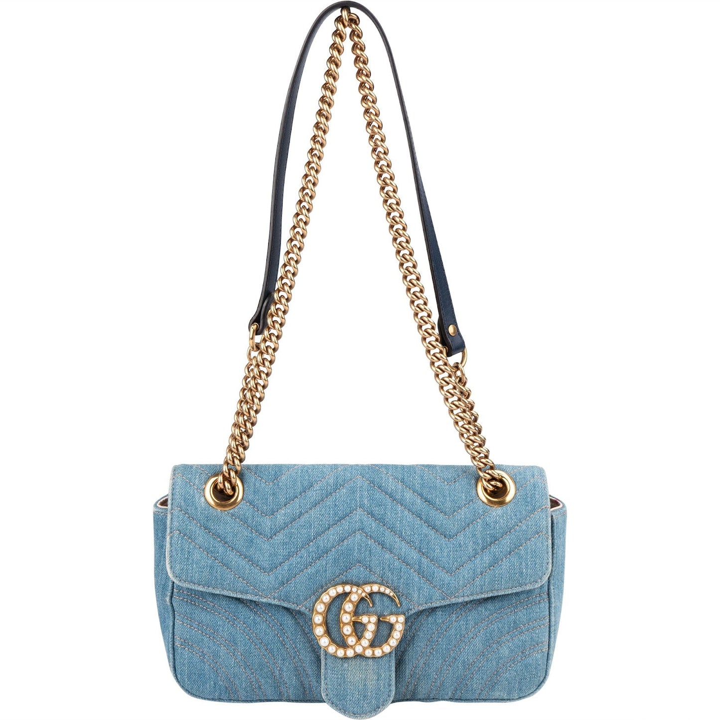 Gucci Denim Matelassé Denim Pearl GG Marmont Crossbody Bag