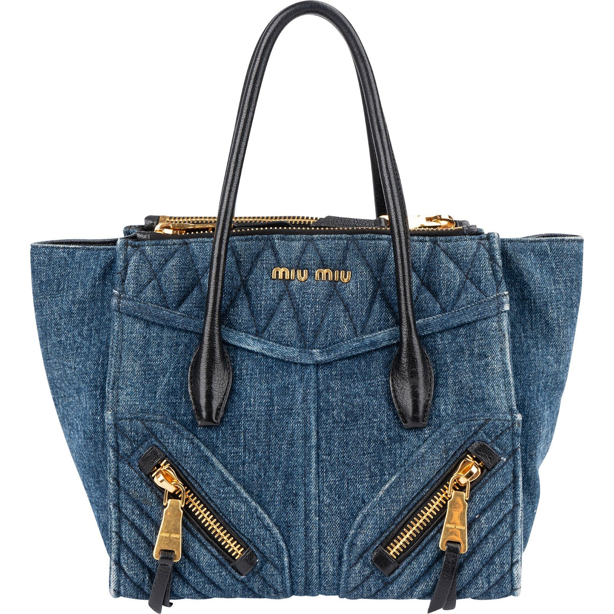 Miu Miu Biker Tote aus gestepptem Denim – Vorderansicht