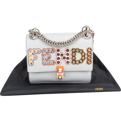 Fendi Light Blue Leather Can I Studded Emblem Crossbody Bag