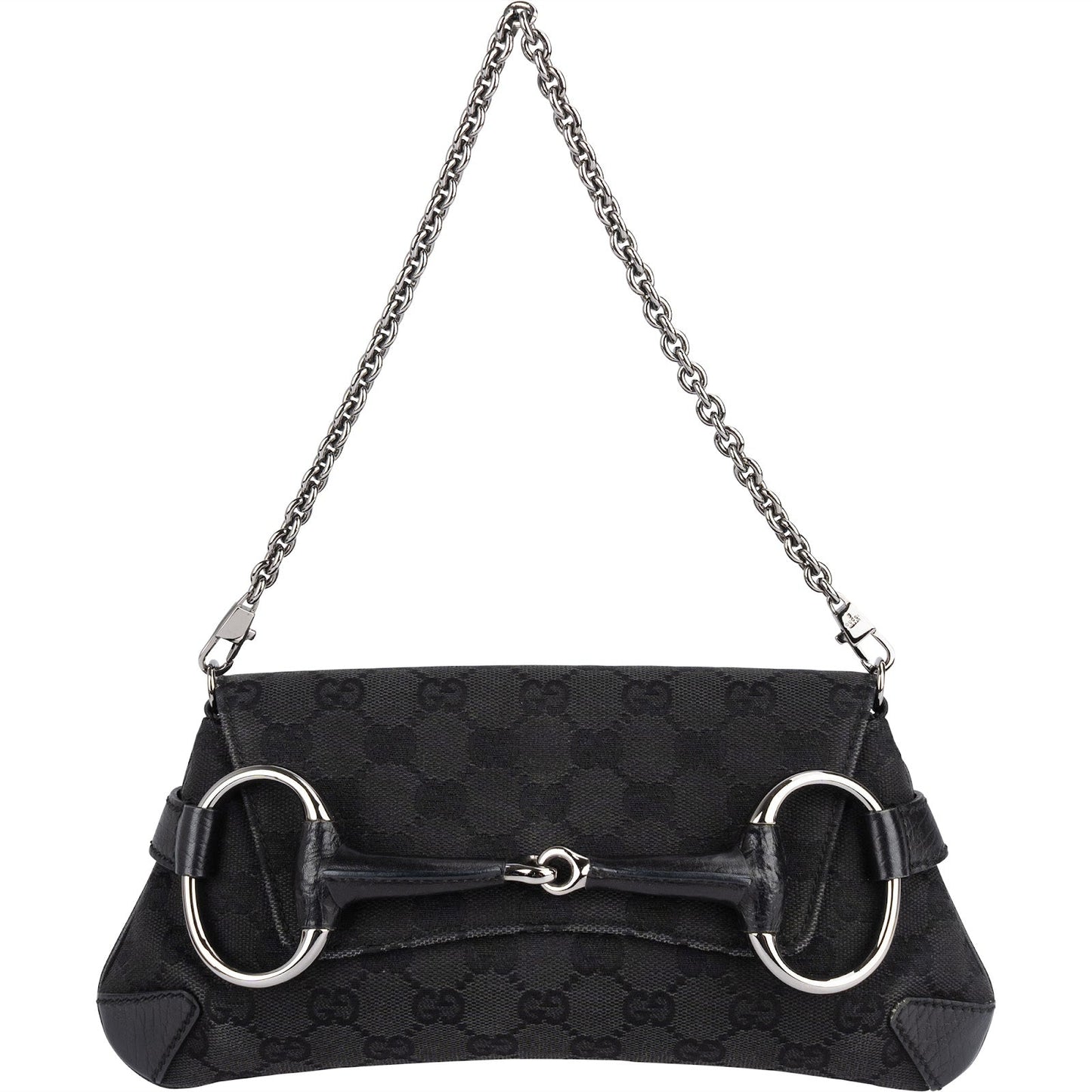 Gucci Monogram GG Black Horsebit Chain Pochette  Handbag