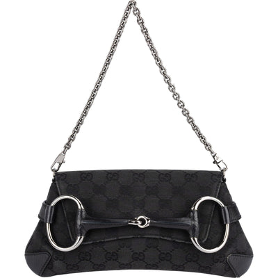 Gucci Monogram GG Black Horsebit Chain Pochette  Handbag