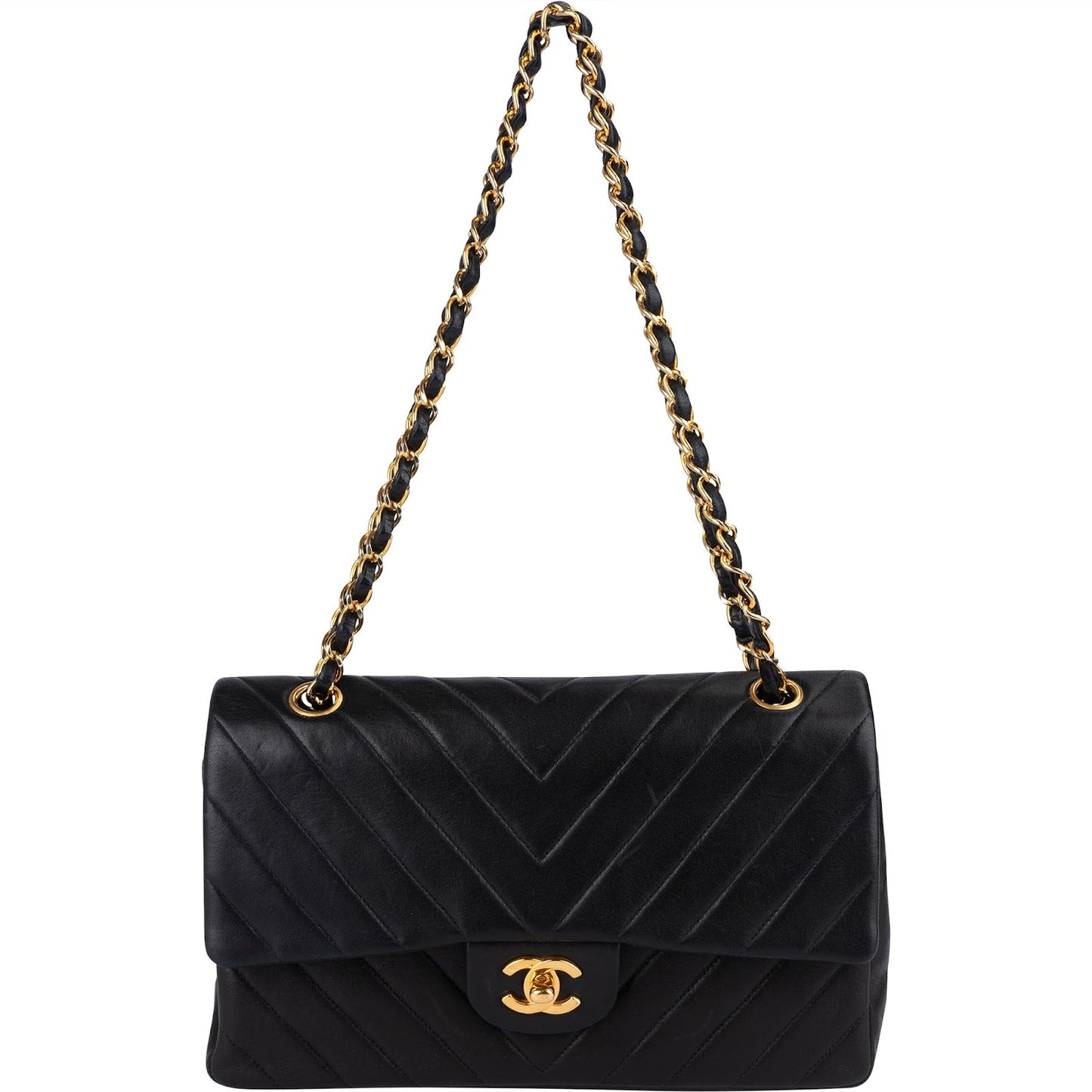 Chanel Quilted Lambskin Chevron Medium 24K Gold Double Flap Shoulder Bag