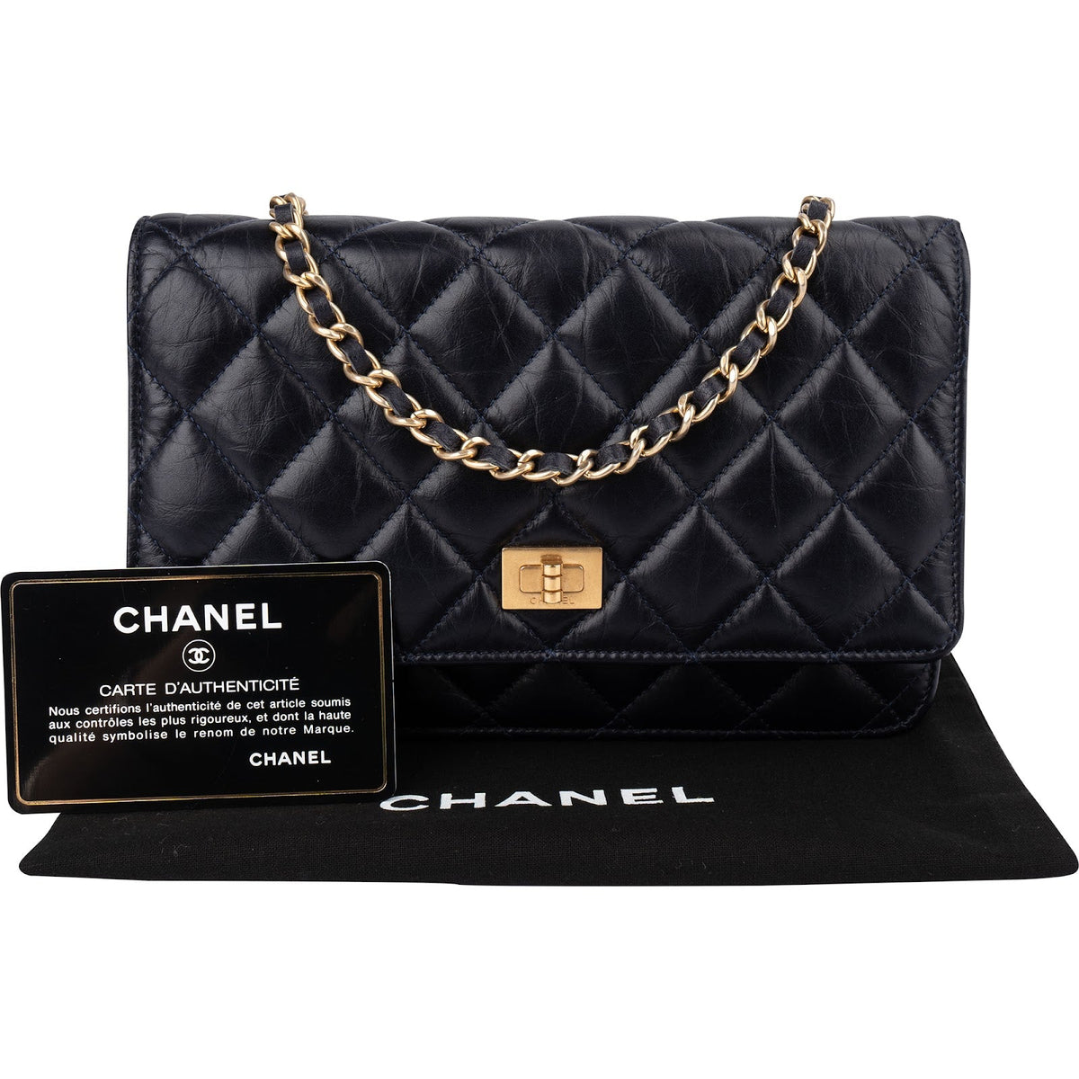 Chanel Quilted Crinkled Navy Lambskin 2.55 Reissue Wallet On Chain Crossbody Bag
