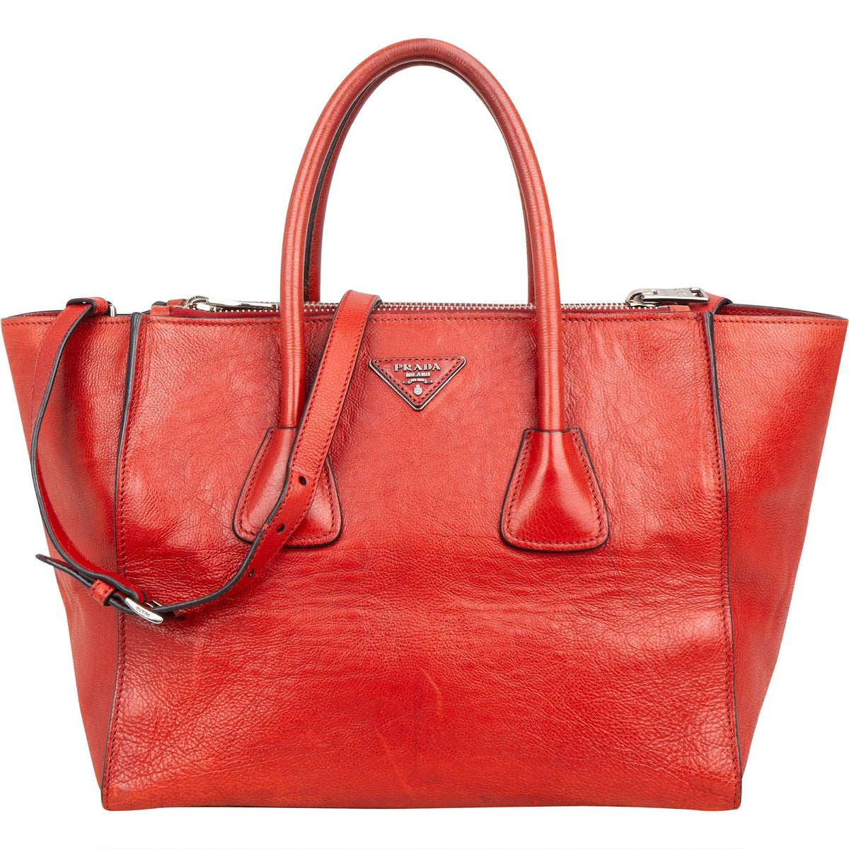 Prada Double Zip Tote aus glasiertem genarbtem Leder – Vorderansicht