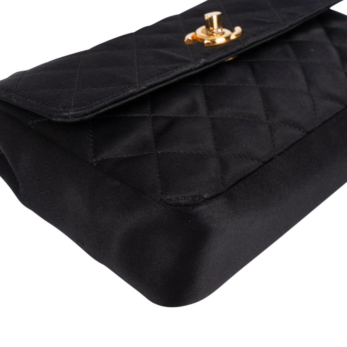 Chanel Black Quilted Satin 24K Gold Mini Single Flap Crossbody Bag