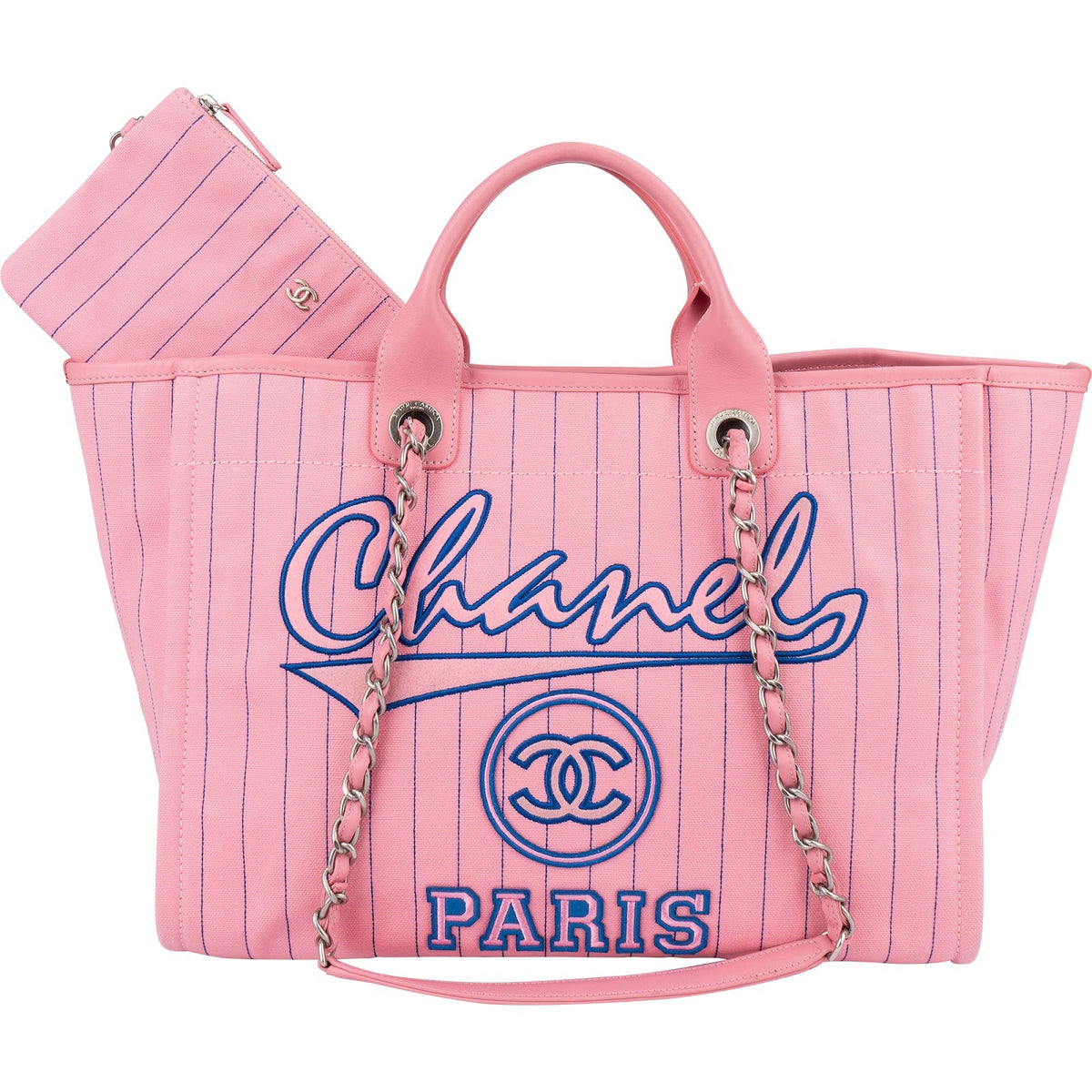 Chanel Canvas Pinstripe Baseball Bicolor Deauville Tote Shopper Shoulder Bag