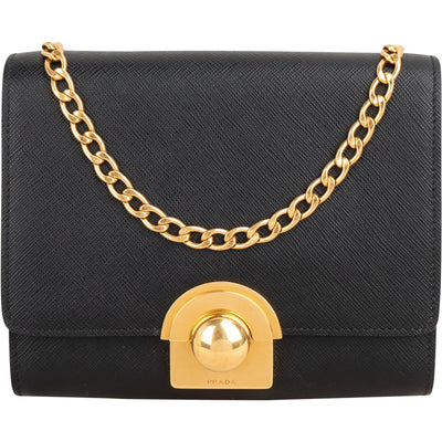 Prada Saffiano Leather Round Lock Flap Small Crossbody Bag
