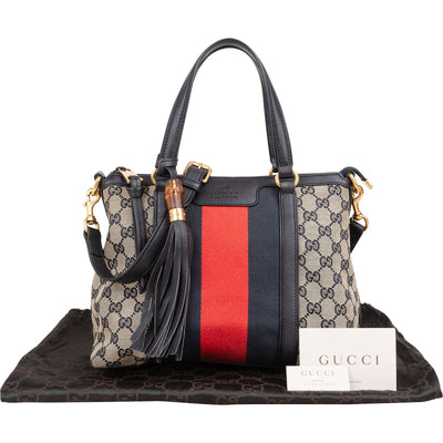 Gucci Monogram Canvas GG Marrakech Web Stripe Bamboo Tassel Crossbody Handbag