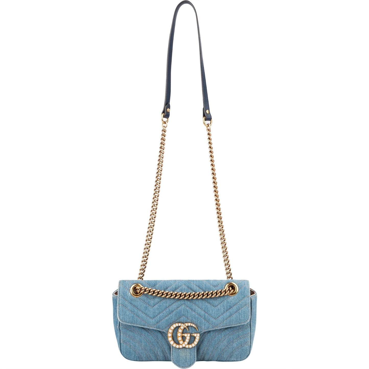 Gucci Denim Matelassé Denim Pearl GG Marmont Crossbody Bag