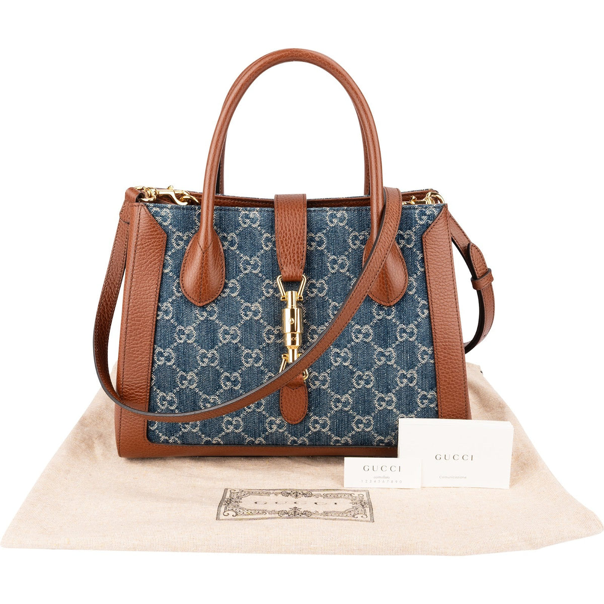 Gucci Monogram GG Denim Jackie 1961 Tote Crossbody Handbag