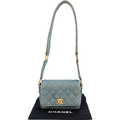 Chanel Iconic Quilted Denim 24K Gold Single Flap Runaway Shoulder Bag