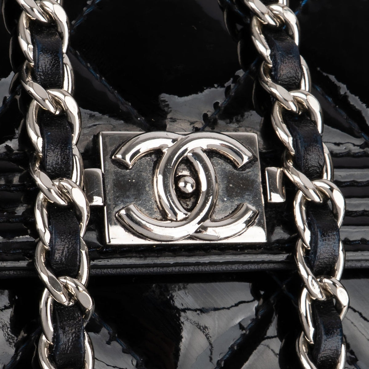 Chanel Patent Leather Quilted Boy Wallet On Chain Crossbody Bag