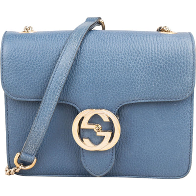 Gucci Blue Pebbled Leather Small Interlocking GG Crossbody Bag