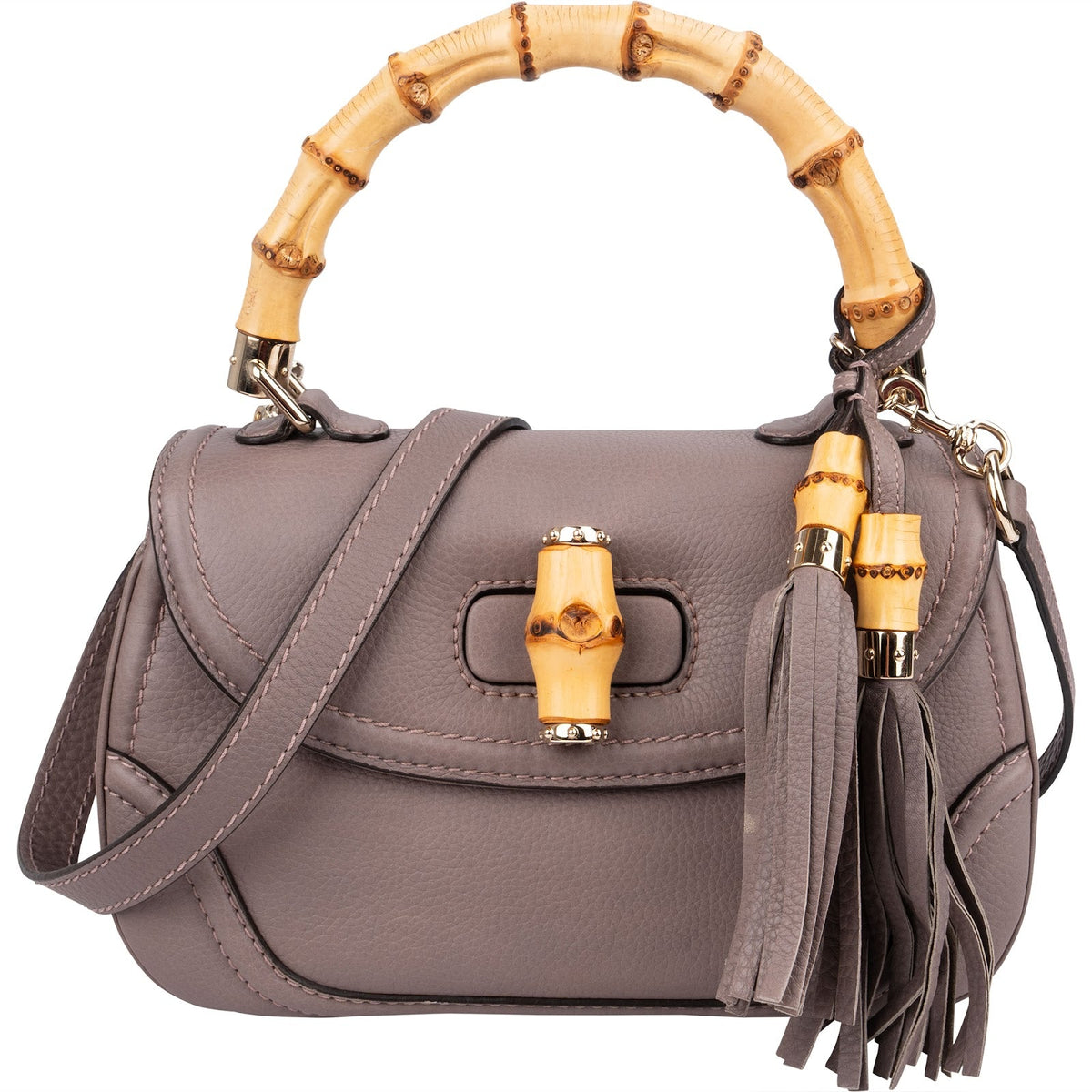 Gucci New Bamboo Top Handle aus fliederfarbenem genarbtem Leder – Vorderansicht