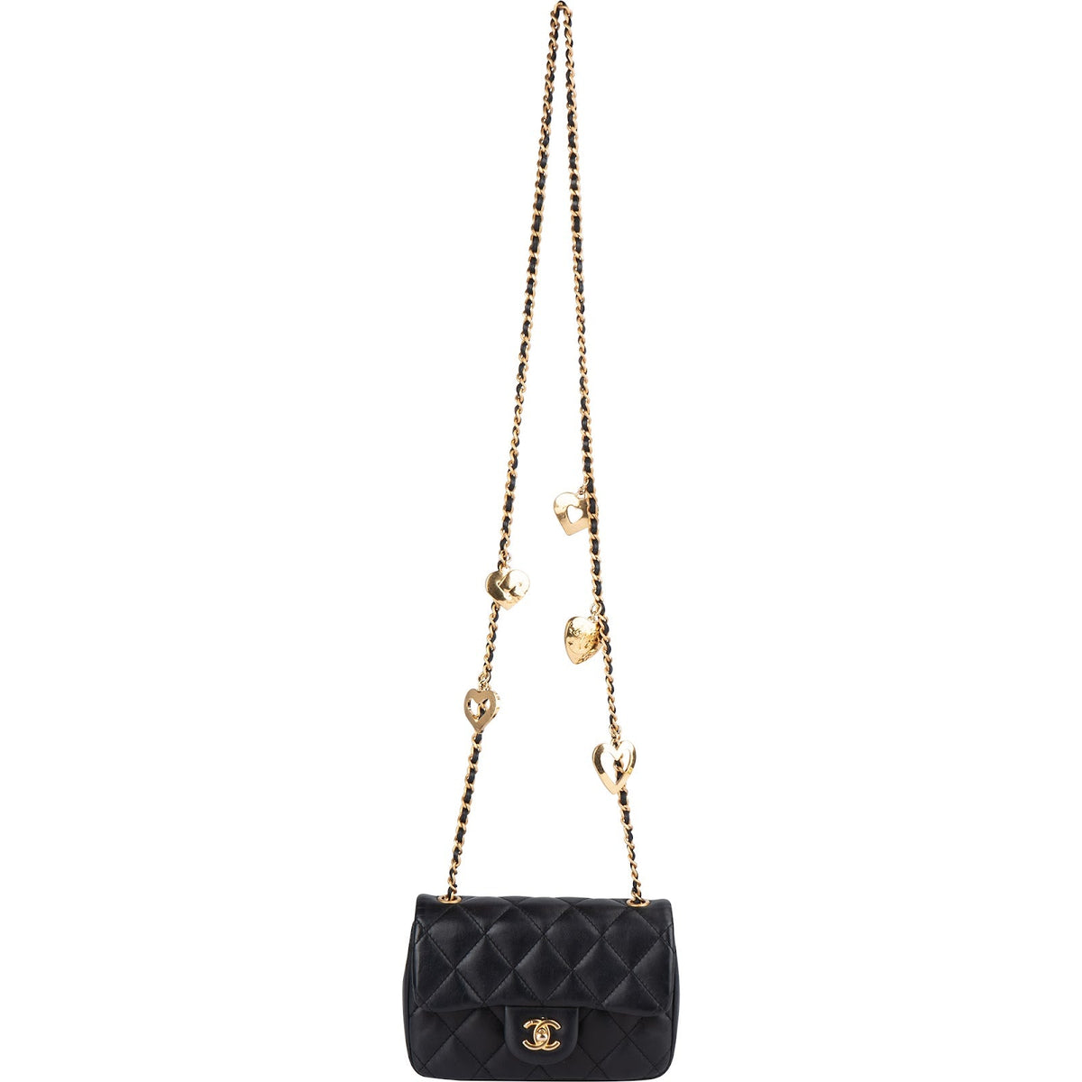 Chanel Quilted Lambskin Heart Charms Mini Rectangular Single Flap Crossbody Bag