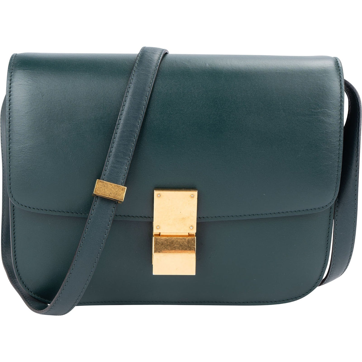 Celine Classic Box Medium aus dunkelgrünem Box-Kalbsleder – Vorderansicht