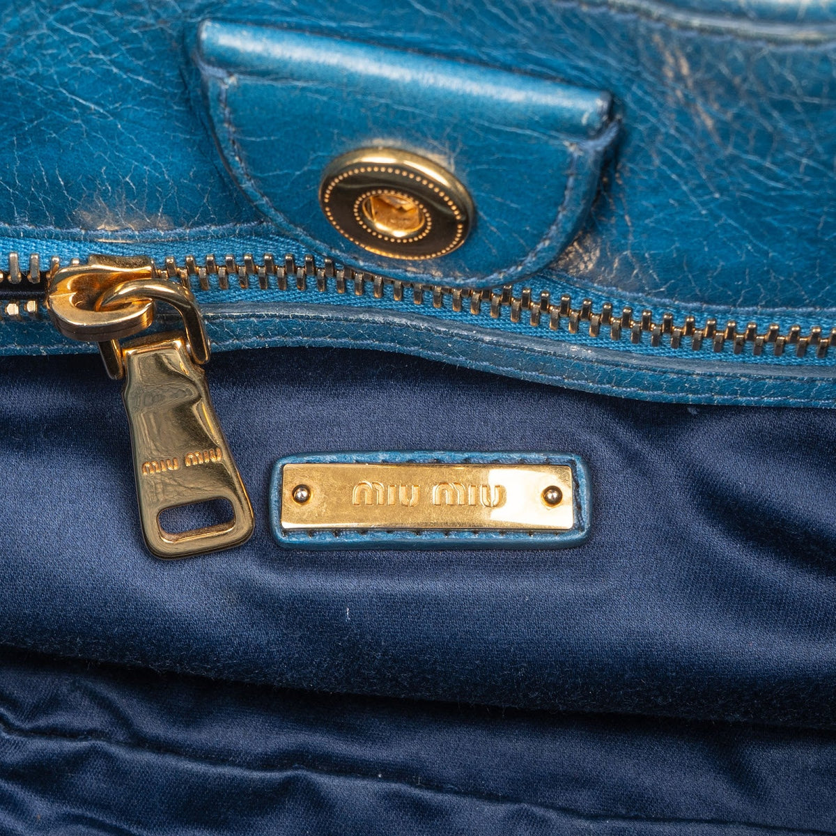 Miu Miu Blue Vitello Lux Leather Small Front Bow Handbag