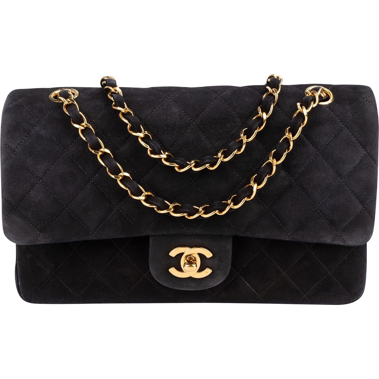 Chanel Quilted Suede 24K Gold Medium Double Flap Shoulder Bag