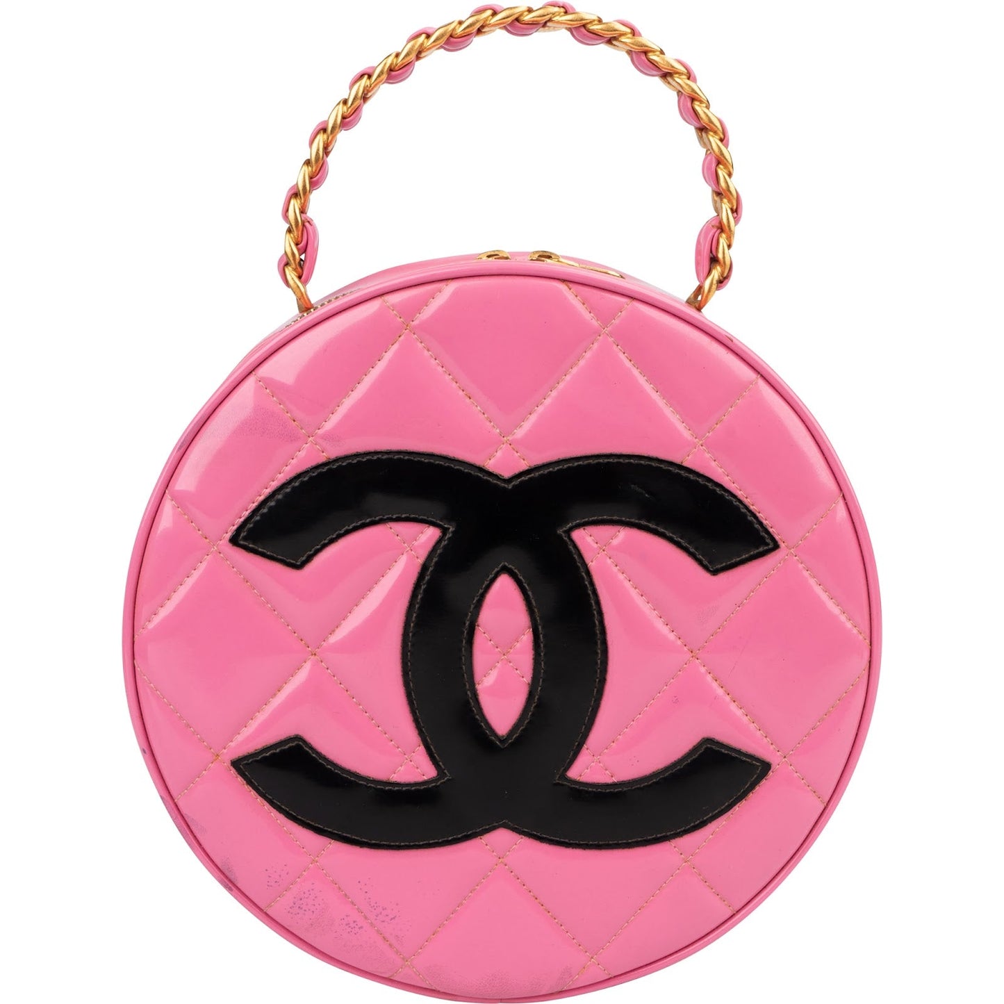 Chanel Iconic Quilted Patent Leather Round Vanity Handbag