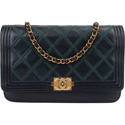 Chanel Leather Green Stitching BoyWallet On Chain Crossbody Bag