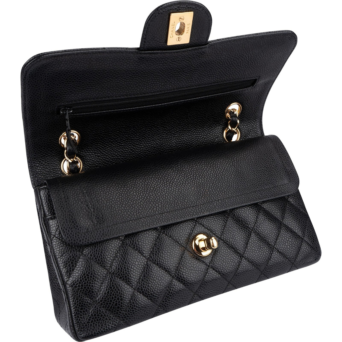 Chanel Quilted Caviar Leather Gold Small Double Flap Shoulder Bag