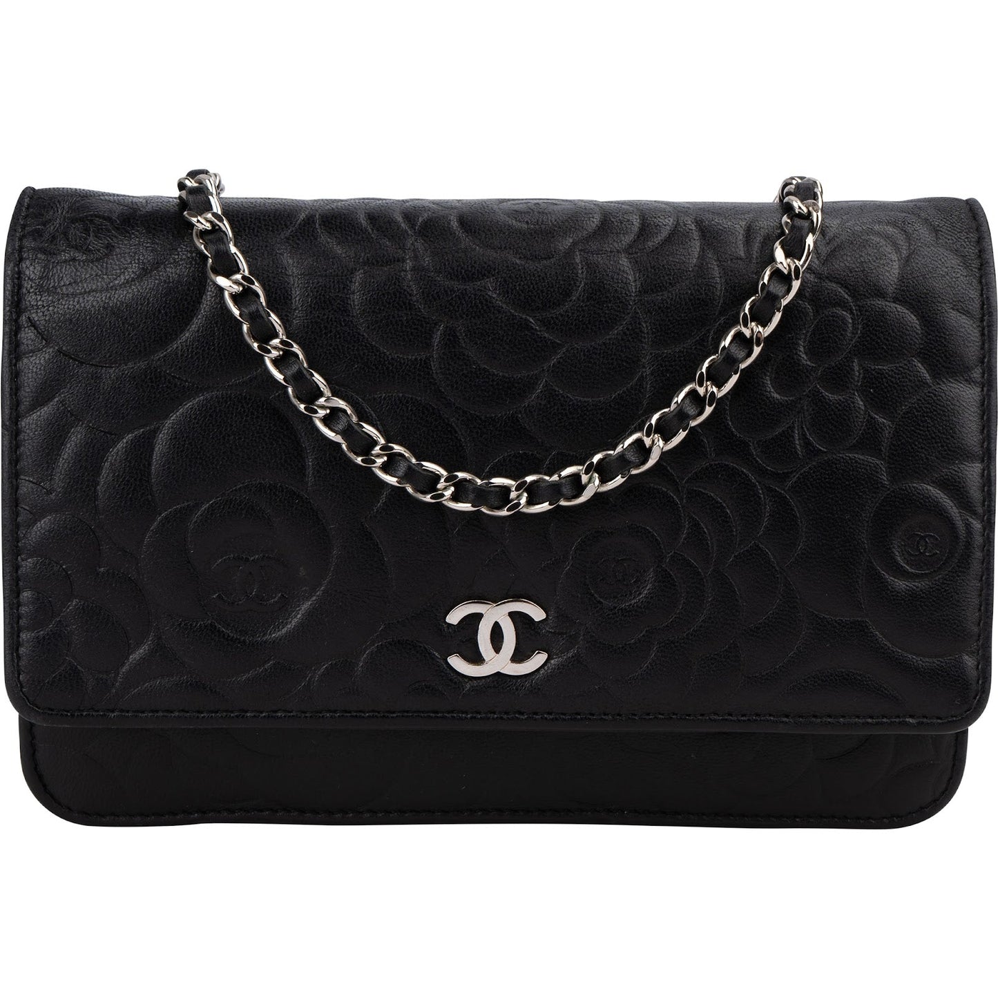 Chanel Camellia Embossed Lambskin Wallet On Chain Crossbody Bag