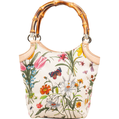 Gucci Floral Print Canvas Bamboo Handle Tote Shoulder Bag